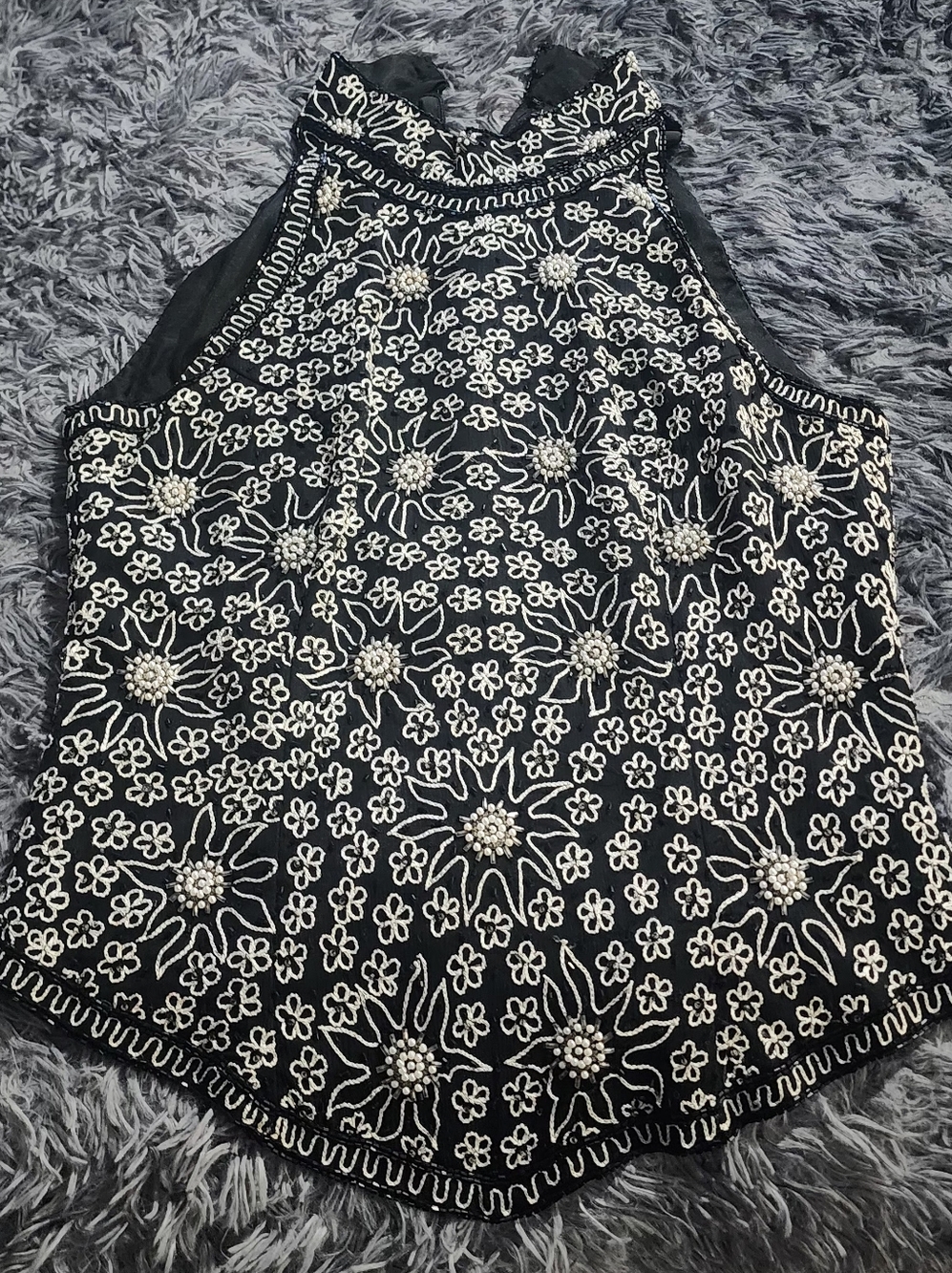 Papell Boutique Black Halter Tank with White Floral Embroidery
